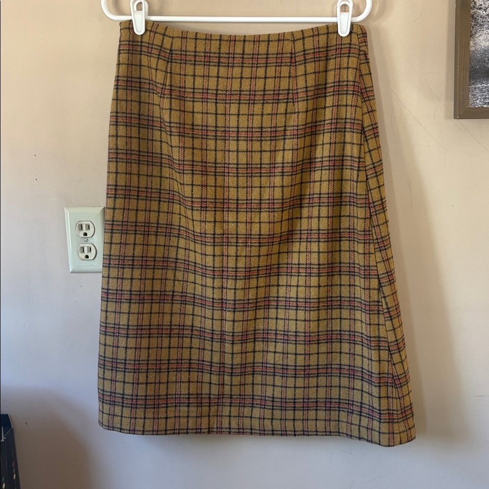 ❤️FINAL SALE❤️ Anthro | The Korner Mustard Plaid Faux-Wrap Wool Skirt Size 8 - Picture 5 of 9